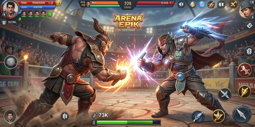 Tangkapan layar gameplay <strong>73K</strong> menunjukkan aksi pertarungan yang mendebarkan.