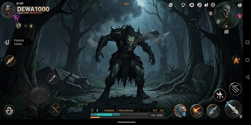 Tampilan gameplay DEWA1000 yang menegangkan dan menyeramkan.