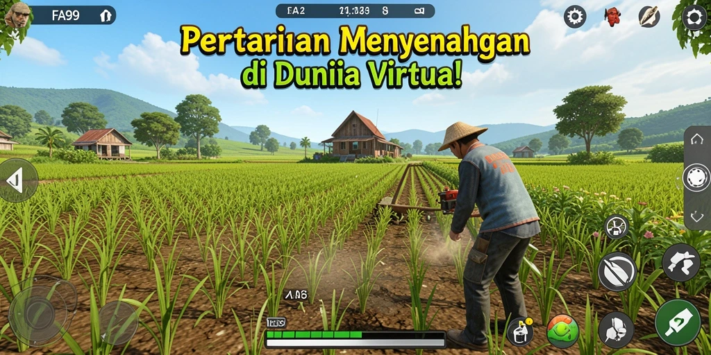 Screenshot gameplay FA99 yang menunjukkan aktivitas bertani yang seru.