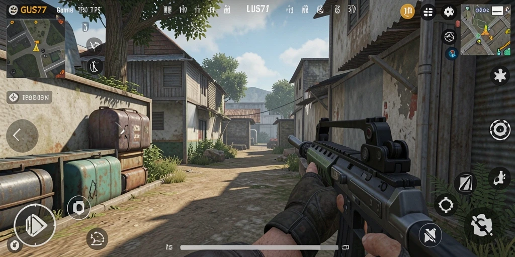 Tampilan utama gameplay GUS77 menampilkan pertempuran TPS yang penuh aksi.