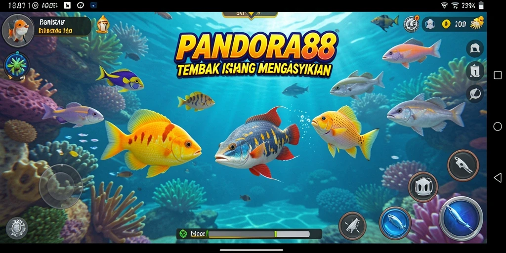 Gameplay PANDORA88 dalam aksi, menembak ikan berwarna-warni di dunia bawah laut.
