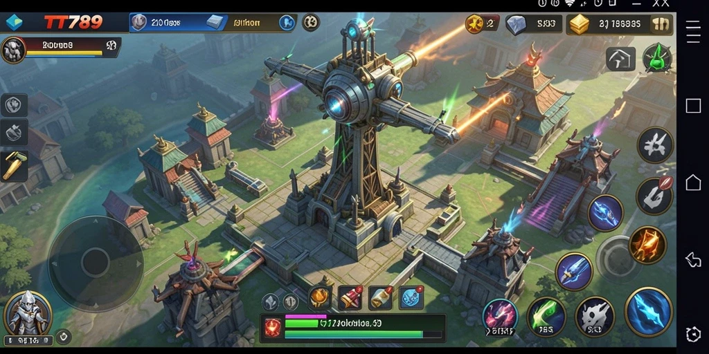 Screenshot gameplay TT789 dengan aksi pertahanan menara yang mendebarkan.
