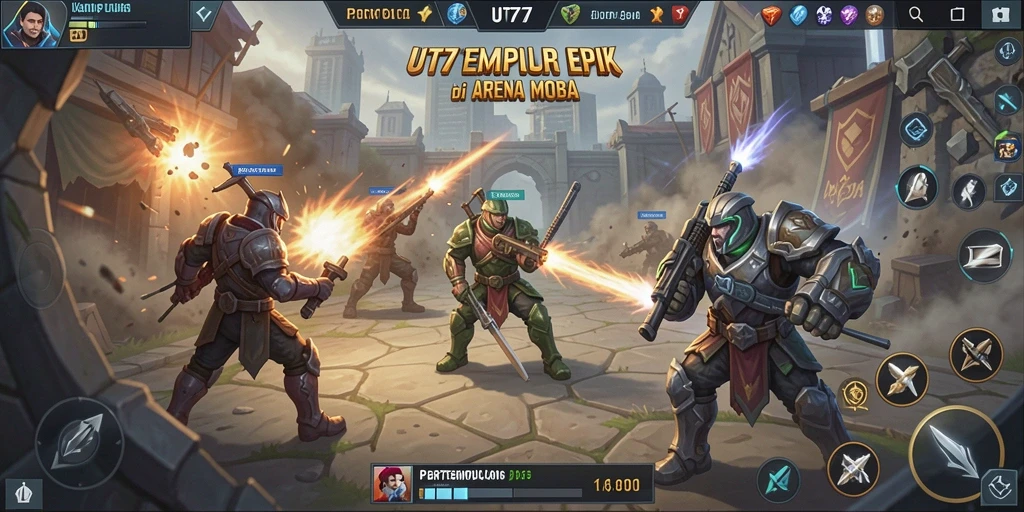 Tangkapan layar UT77 menampilkan pertempuran MOBA yang intens dan strategis.