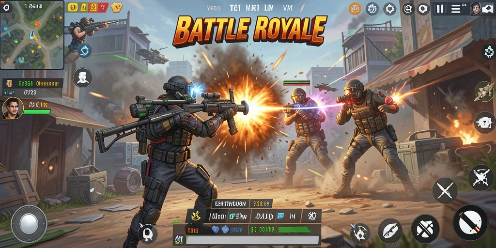 Tampilan gameplay intens di V21 dengan aksi pertempuran Battle Royale.