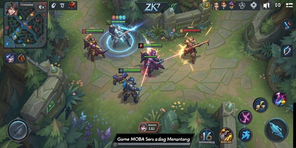 Screenshot gameplay ZK7 yang menunjukkan pertarungan seru dalam game MOBA.